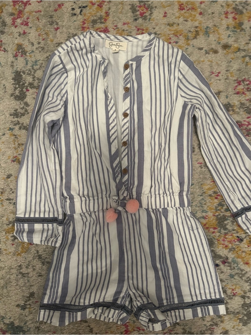 Striped Button-Up Romper with Pom Pom Tie - Blue & White